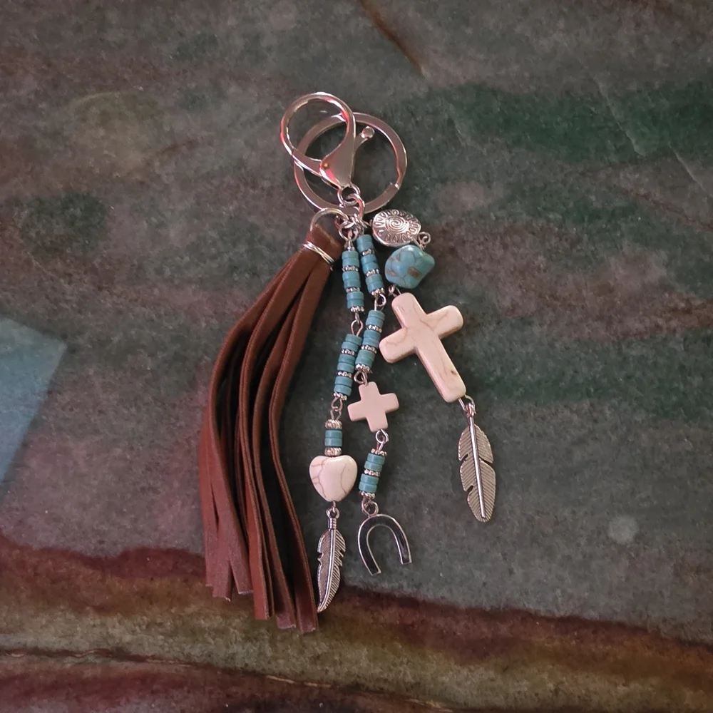 Horseshoe  Cross Tassel Bag Purse Charm Backpack Keychain with Turquoise Accents
